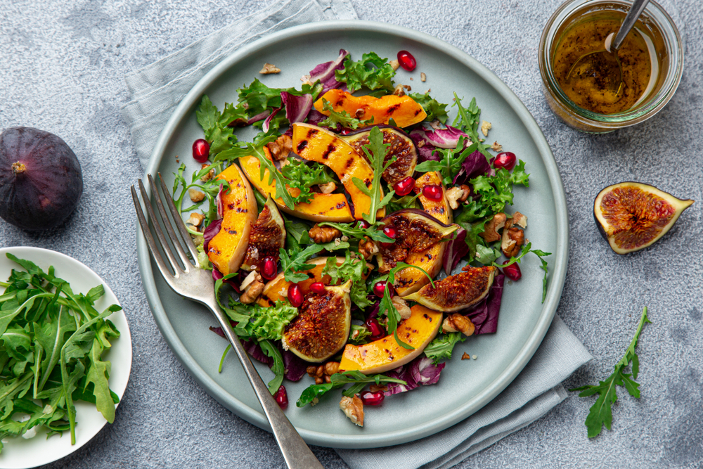 A grilled pumpkin-fig-pomegranate salad.