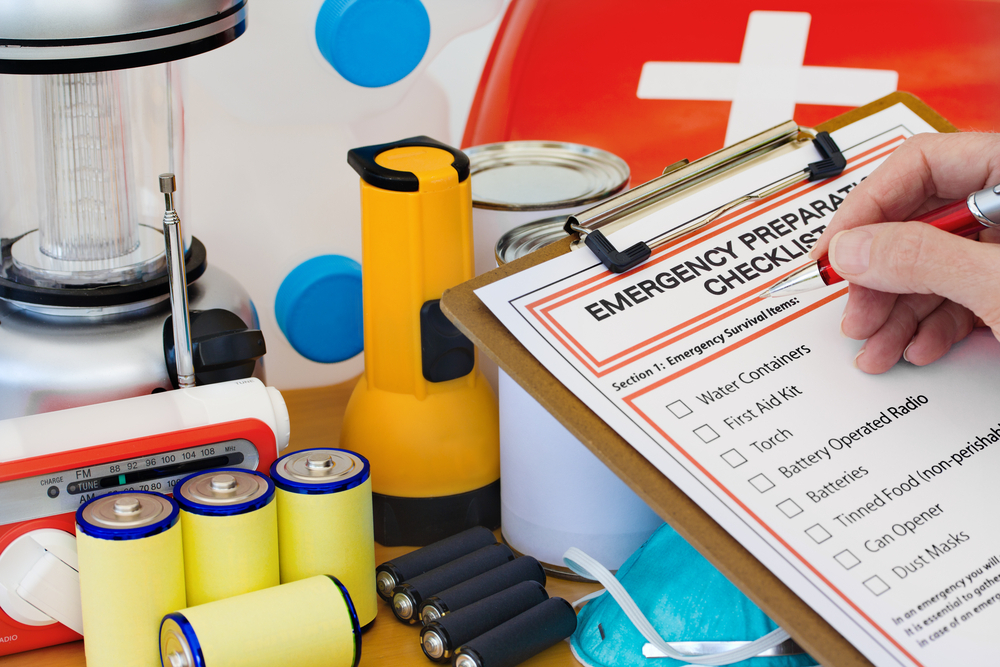 An emergency preparation checklist and supplies.