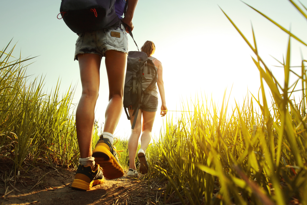 Hikers with backpacks walking through the grass.