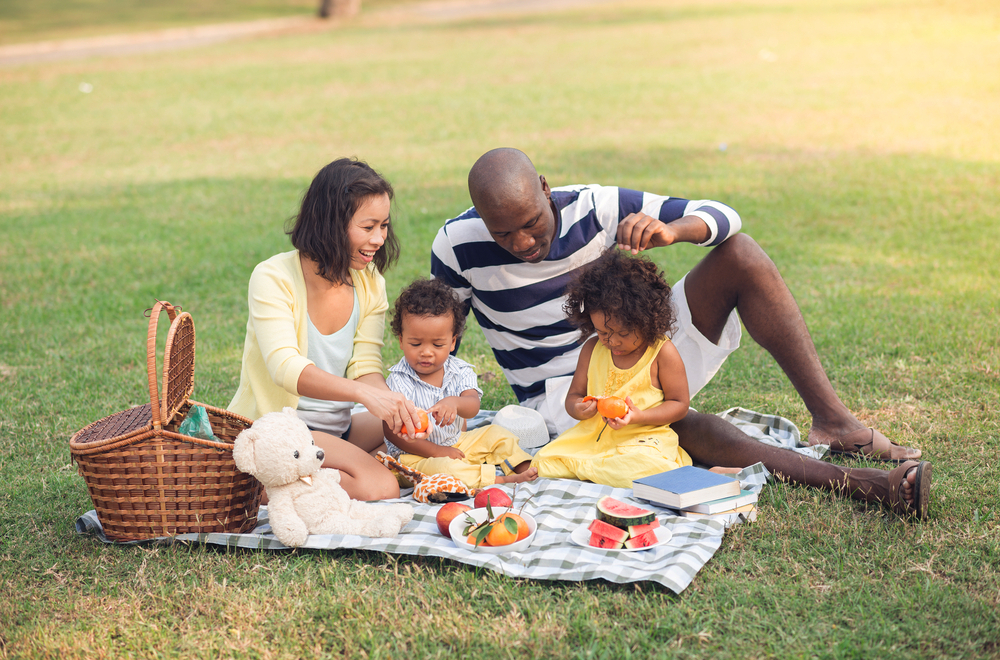 A young family enjoys an outdoor picnic together.