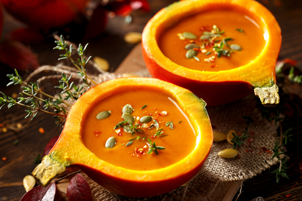 Pumpkin soup served in gourds.